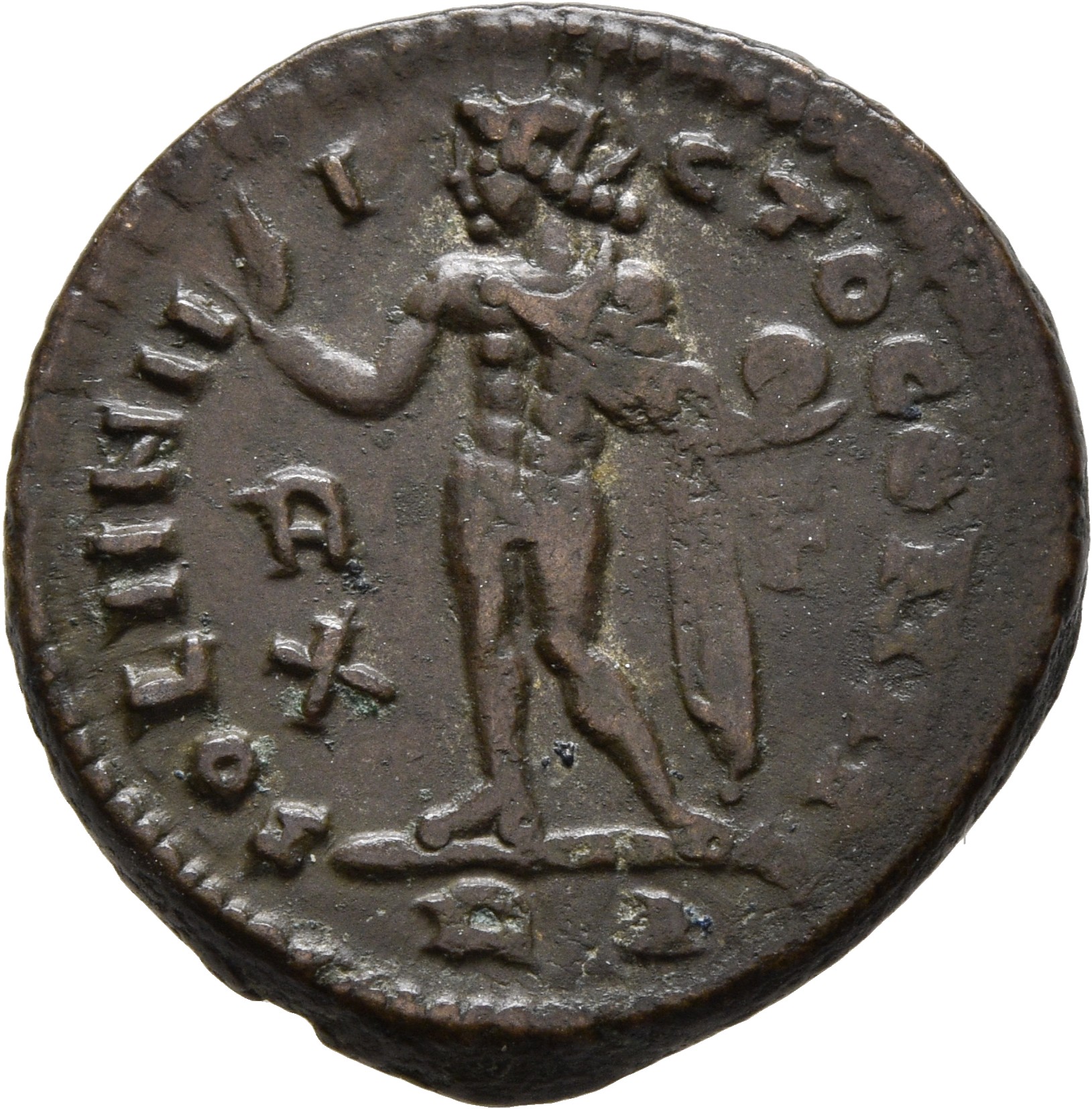 RIC VII Rome 30 Licinius reverse, Sol, radiate, chlamys draped across left shoulder, standing left, raising right hand and...