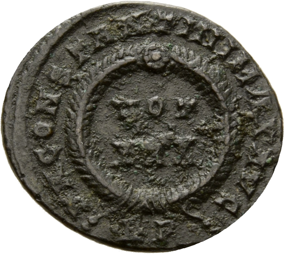 RIC VII Rome 318 Constantine I reverse, VOT/XXX within a laurel wreath