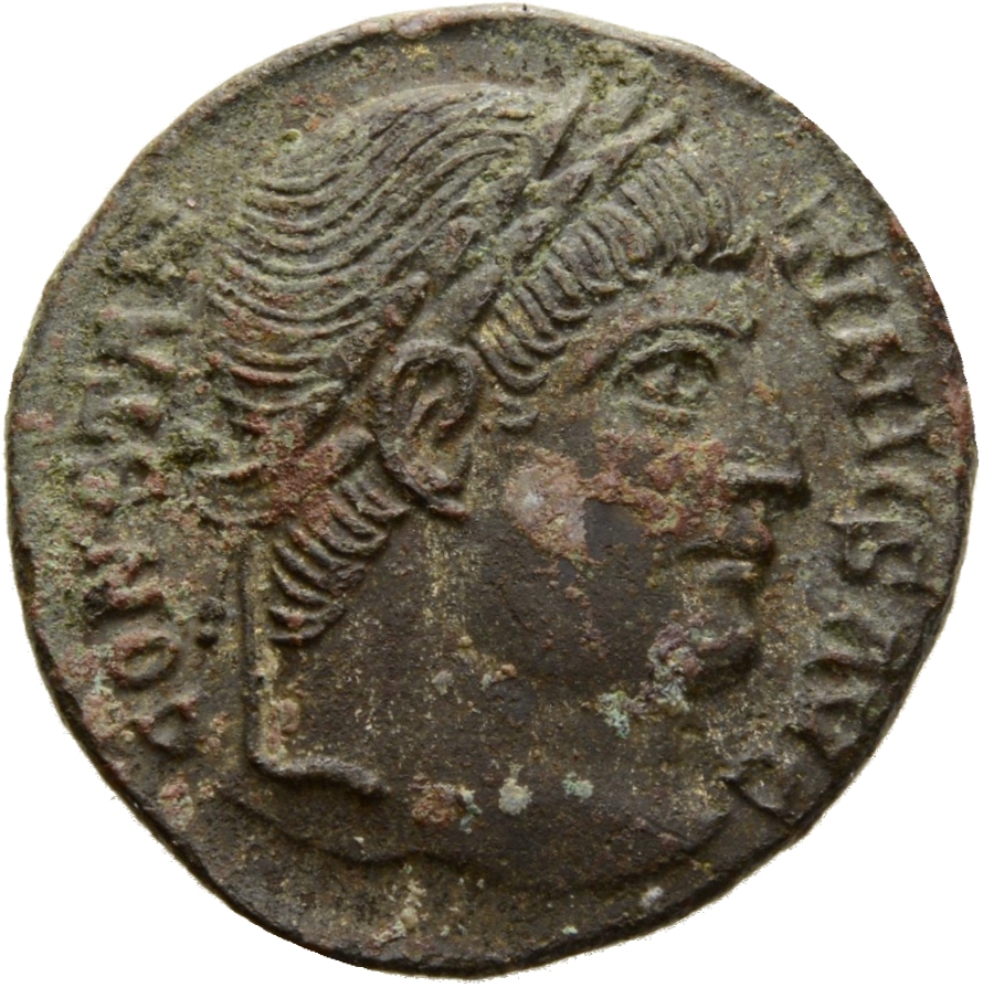 RIC VII Rome 318 Constantine I obverse, Head of Constantine I, laureate, right