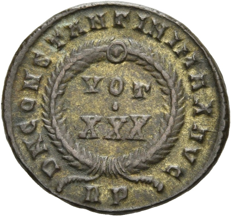 RIC VII Rome 318 Constantine I reverse, VOT/XXX within a laurel wreath
