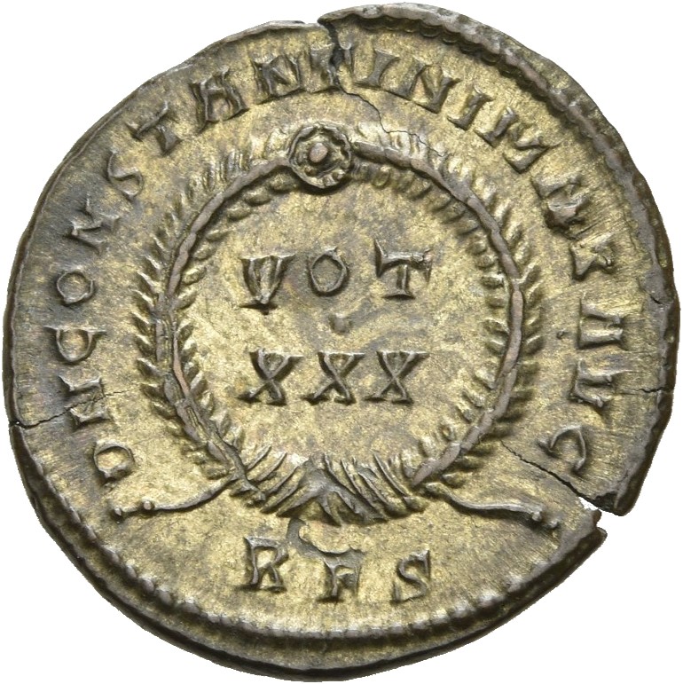 RIC VII Rome 322 Constantine I reverse, VOT/XXX within a laurel wreath