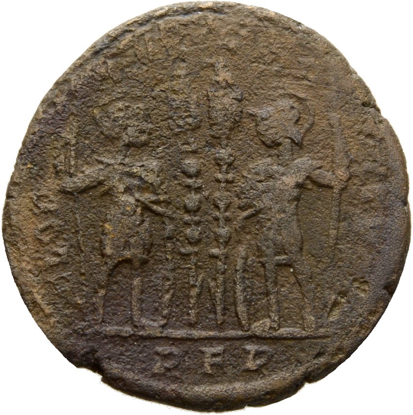RIC VII Rome 327 Constantine I reverse, Two soldiers, helmeted, draped, cuirassed, standing facing each other, each holdin...