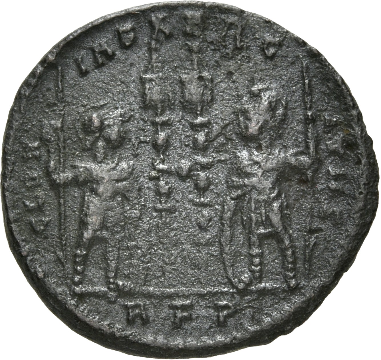 RIC VII Rome 327 Constantine I reverse, Two soldiers, helmeted, draped, cuirassed, standing facing each other, each holdin...