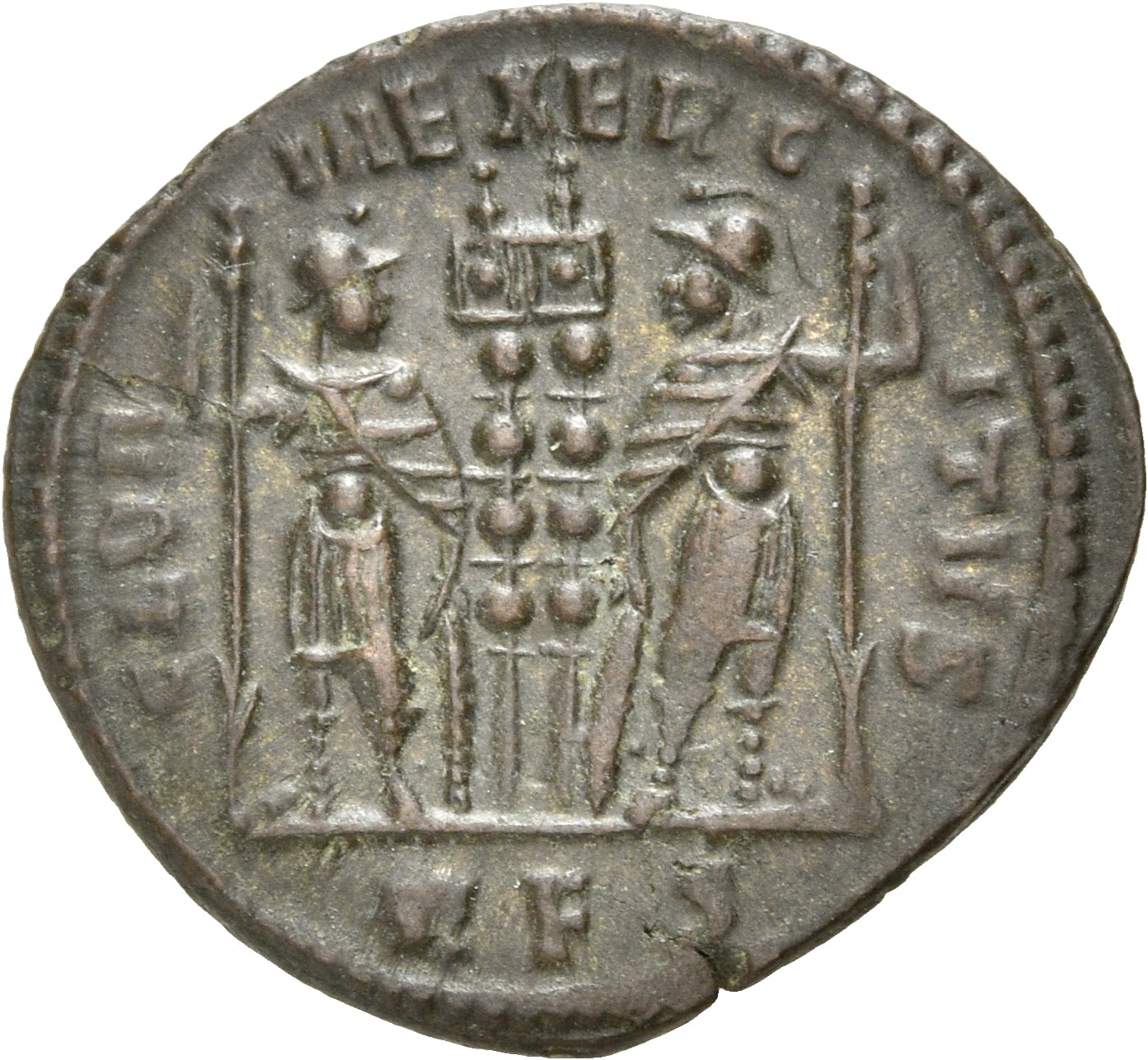 RIC VII Rome 328 Constantine I reverse, Two soldiers, helmeted, draped, cuirassed, standing facing each other, each holdin...