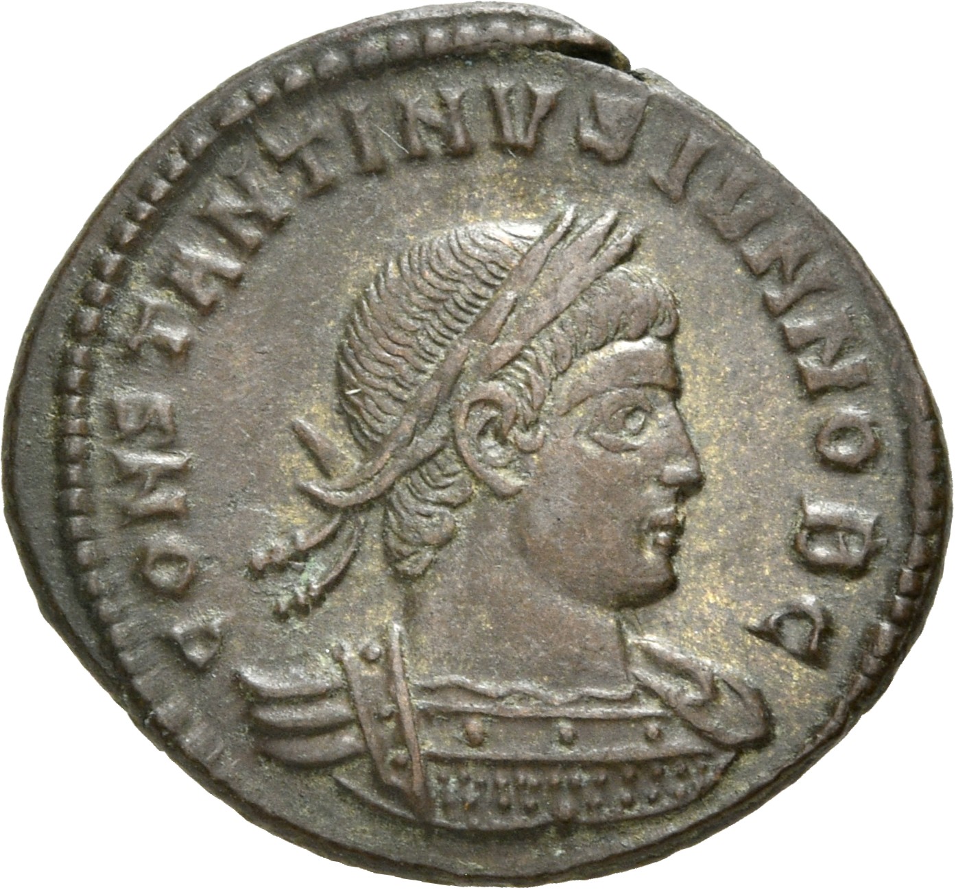 RIC VII Rome 328 Constantine I obverse, Bust of Constantine II, laureate, cuirassed, right