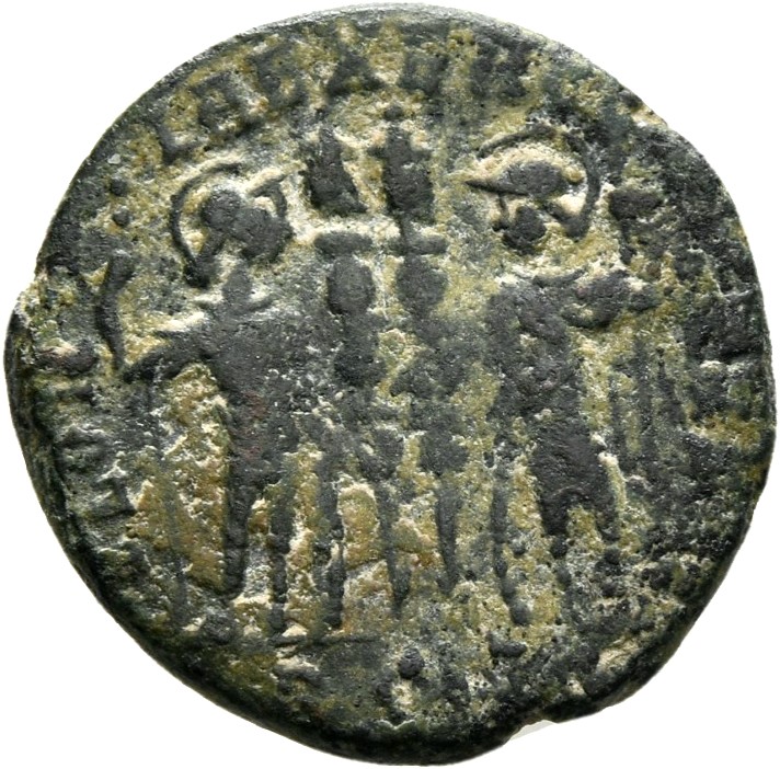 RIC VII Rome 329 Constantine I reverse, Two soldiers, helmeted, draped, cuirassed, standing facing each other, each holdin...