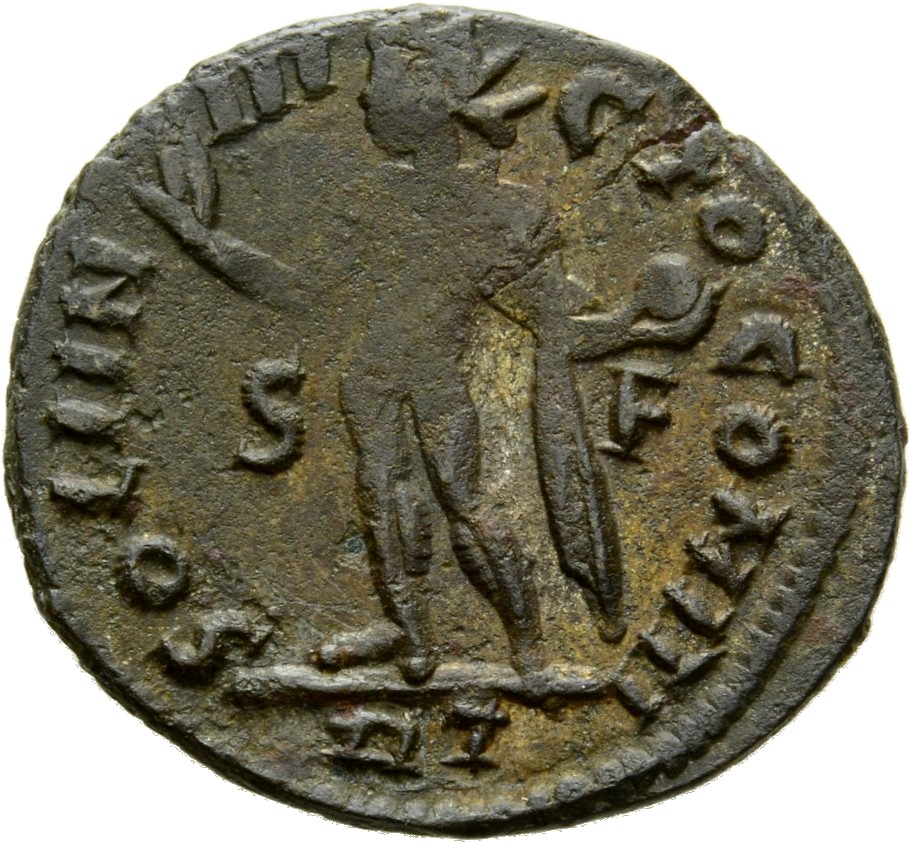 RIC VII Rome 33 Licinius reverse, Sol, radiate, chlamys draped across left shoulder, standing left, raising right hand and...
