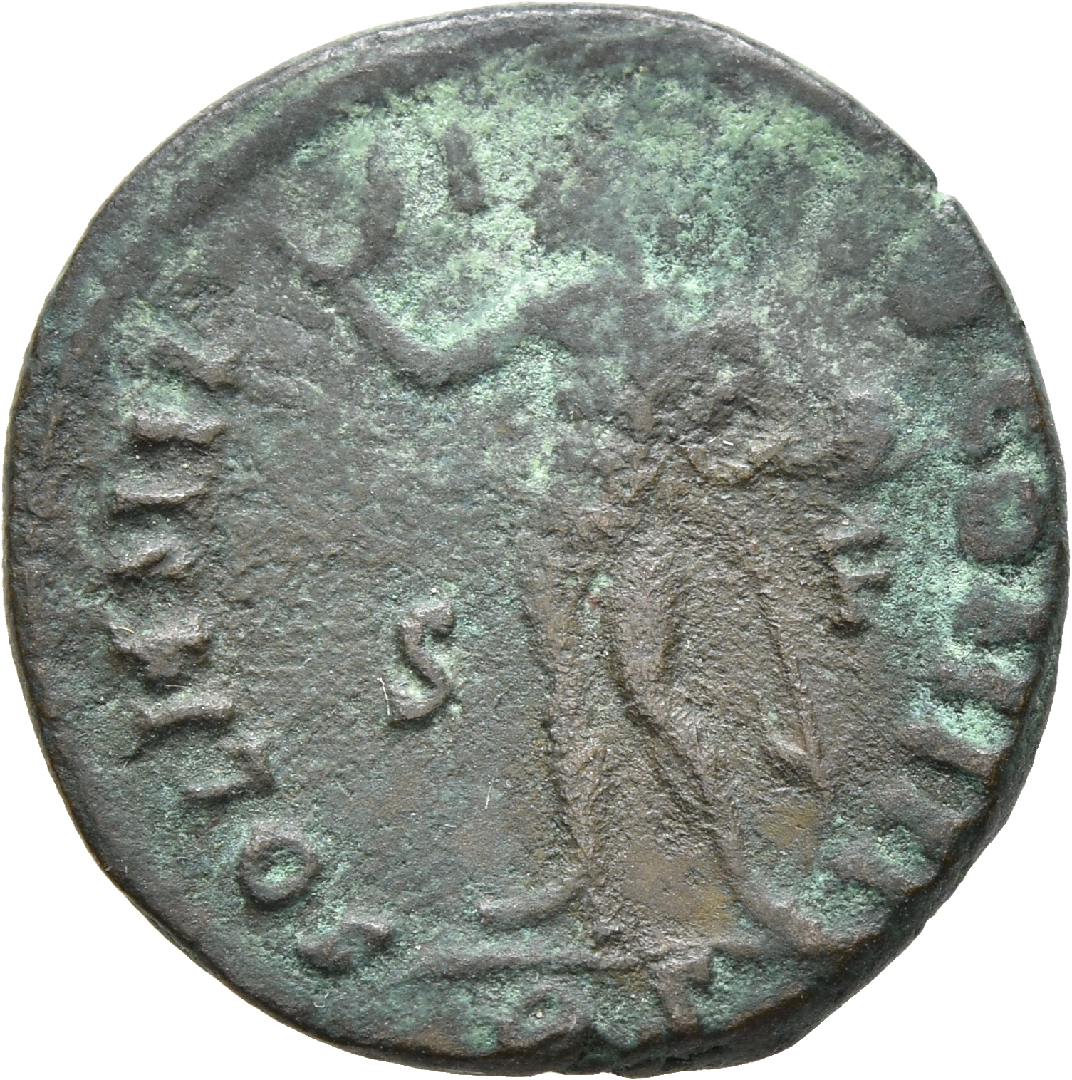 RIC VII Rome 33 Licinius reverse, Sol, radiate, chlamys draped across left shoulder, standing left, raising right hand and...