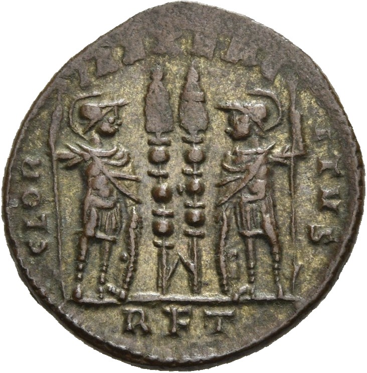 RIC VII Rome 330 Constantine I reverse, Two soldiers, helmeted, draped, cuirassed, standing facing each other, each holdin...