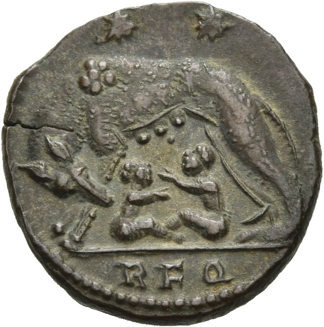RIC VII Rome 331 Constantine I reverse, She-wolf, standing left, suckling twins; above, two stars