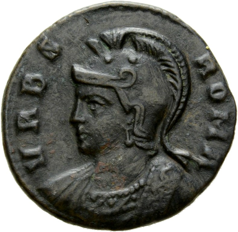 RIC VII Rome 331 Constantine I obverse, Bust of Roma, helmeted, wearing imperial cloak, left