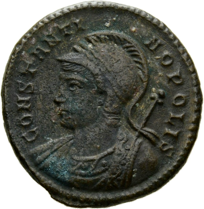 RIC VII Rome 332 Constantine I obverse, Bust of Constantinopolis, laureate, helmeted, wearing imperial cloak, left, holdin...