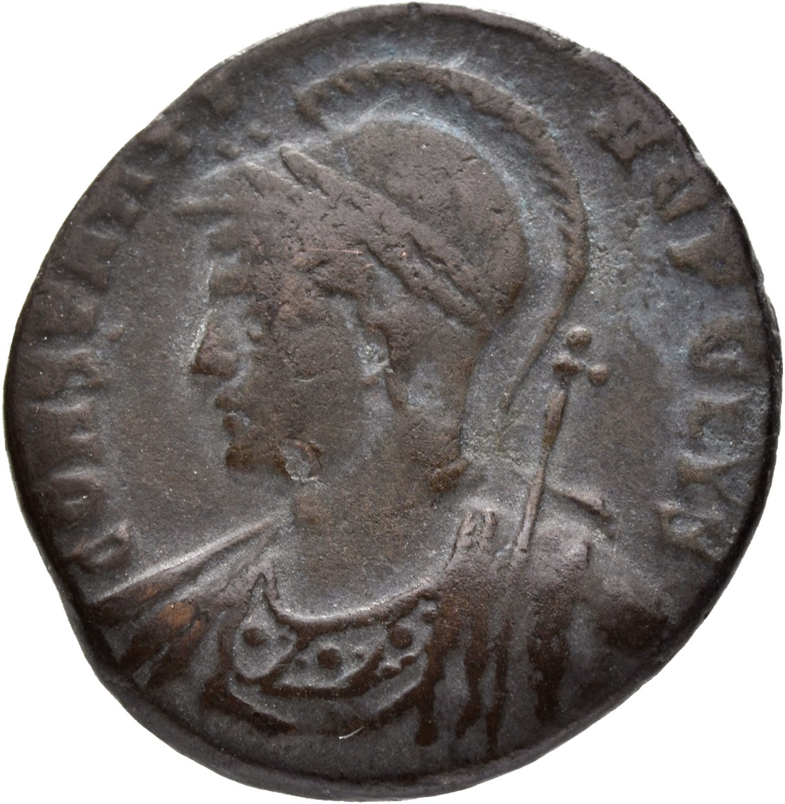 RIC VII Rome 332 Constantine I obverse, Bust of Constantinopolis, laureate, helmeted, wearing imperial cloak, left, holdin...