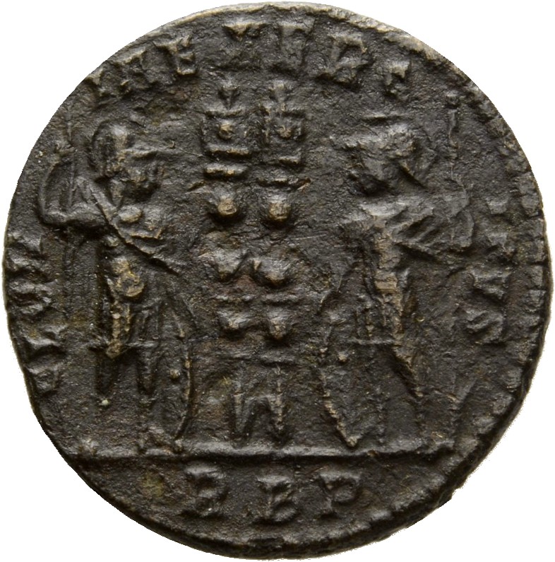 RIC VII Rome 335 Constantine I reverse, Two soldiers, helmeted, draped, cuirassed, standing facing each other, each holdin...