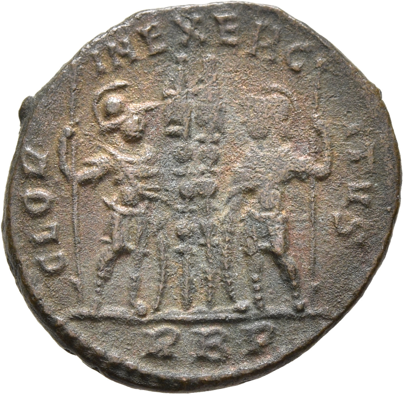 RIC VII Rome 335 Constantine I reverse, Two soldiers, helmeted, draped, cuirassed, standing facing each other, each holdin...
