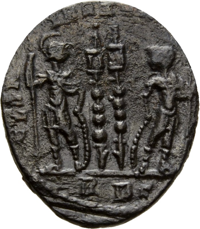 RIC VII Rome 336 Constantine I reverse, Two soldiers, helmeted, draped, cuirassed, standing facing each other, each holdin...