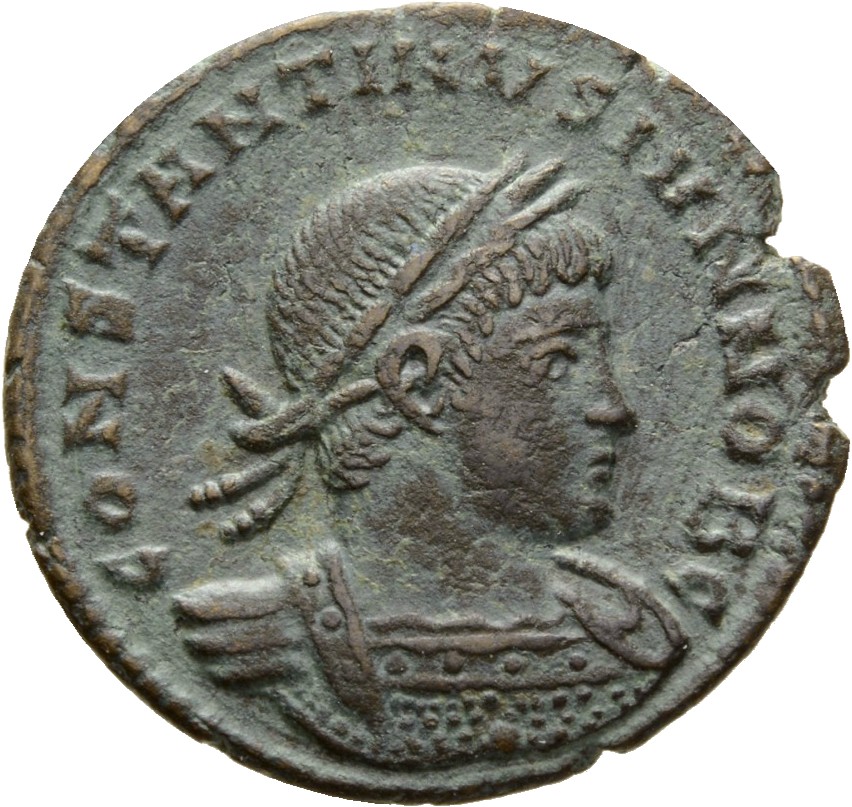 RIC VII Rome 336 Constantine I obverse, Bust of Constantine II, laureate, cuirassed, right