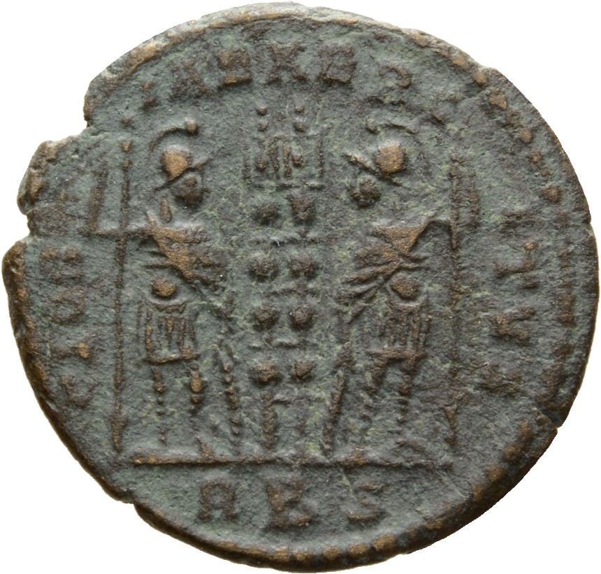 RIC VII Rome 336 Constantine I reverse, Two soldiers, helmeted, draped, cuirassed, standing facing each other, each holdin...