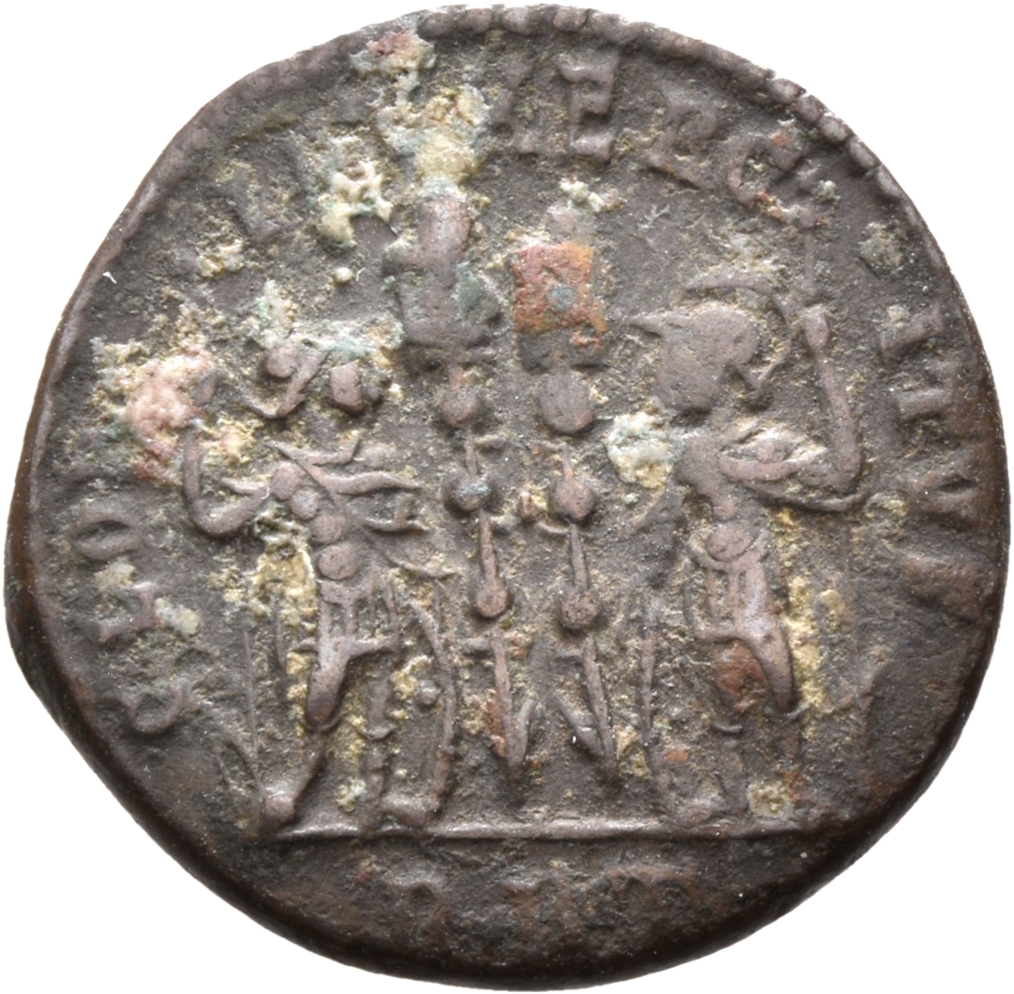 RIC VII Rome 337 Constantine I reverse, Two soldiers, helmeted, draped, cuirassed, standing facing each other, each holdin...
