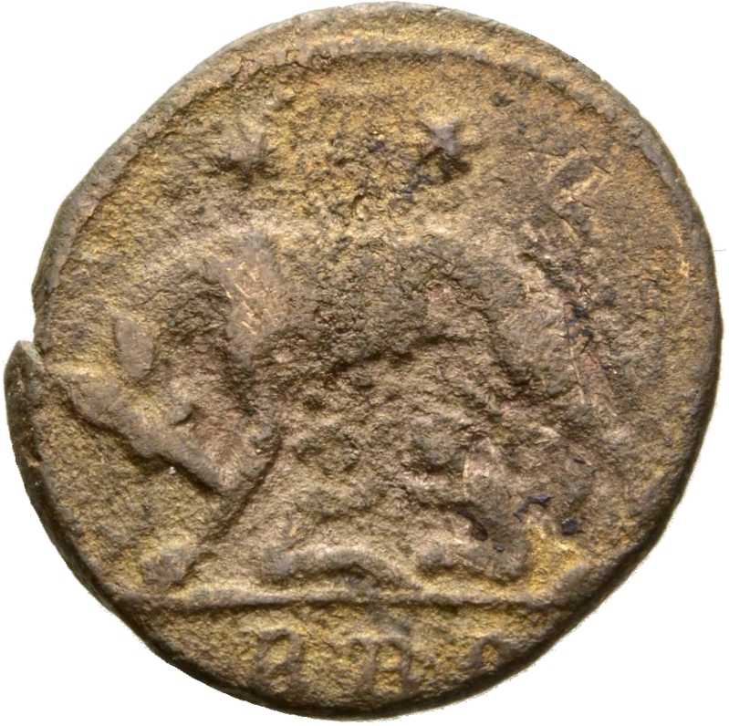 RIC VII Rome 338 Constantine I reverse, She-wolf, standing left, suckling twins; above, two stars