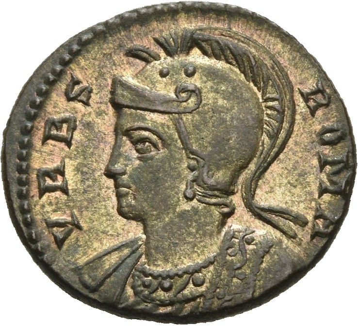 RIC VII Rome 338 Constantine I obverse, Bust of Roma, helmeted, wearing imperial cloak, left