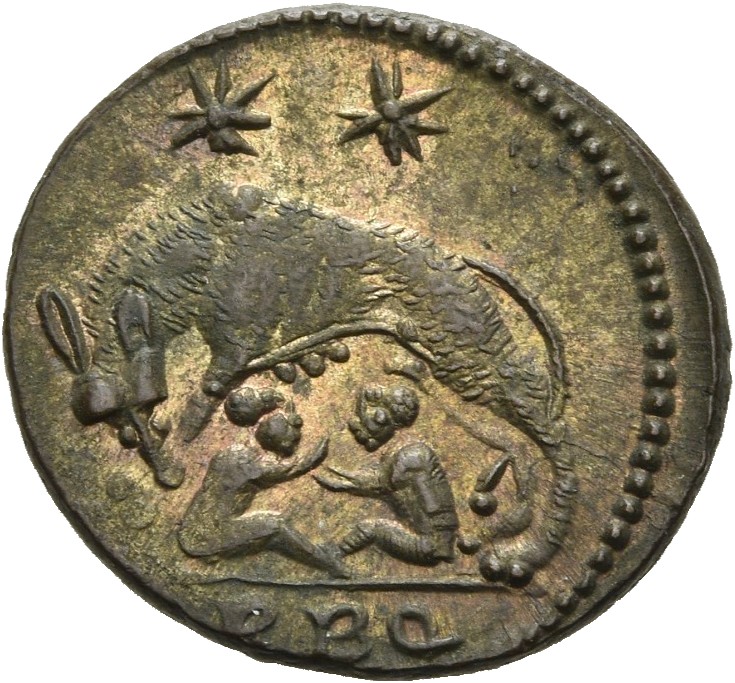 RIC VII Rome 338 Constantine I reverse, She-wolf, standing left, suckling twins; above, two stars