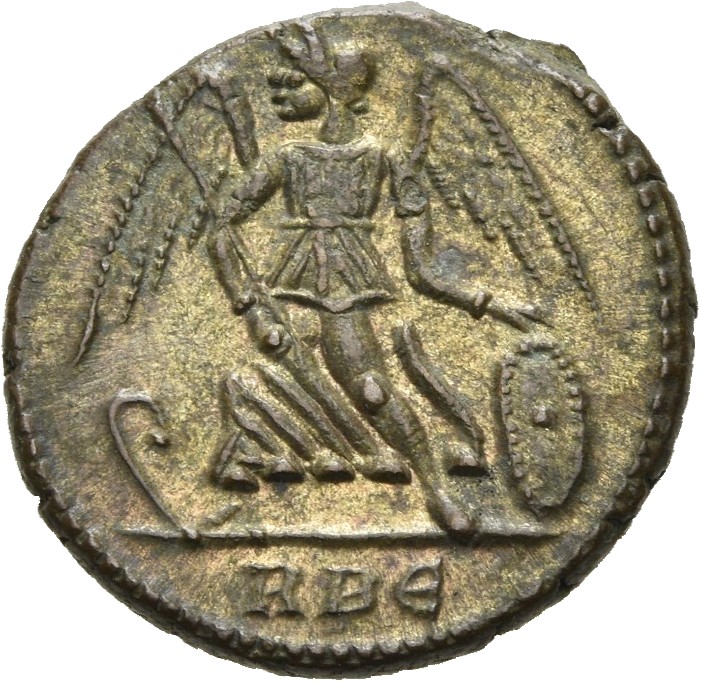 RIC VII Rome 339 Constantine I reverse, Victory, winged, draped, standing left on prow, holding spear in right hand and sh...