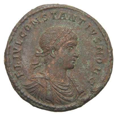 RIC VII Rome 345 Constantine I obverse, Bust of Constantius II, laureate, draped, cuirassed, right
