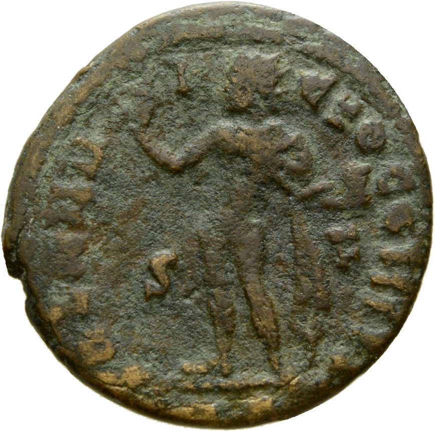 RIC VII Rome 35 Licinius reverse, Sol, radiate, chlamys draped across left shoulder, standing left, raising right hand and...