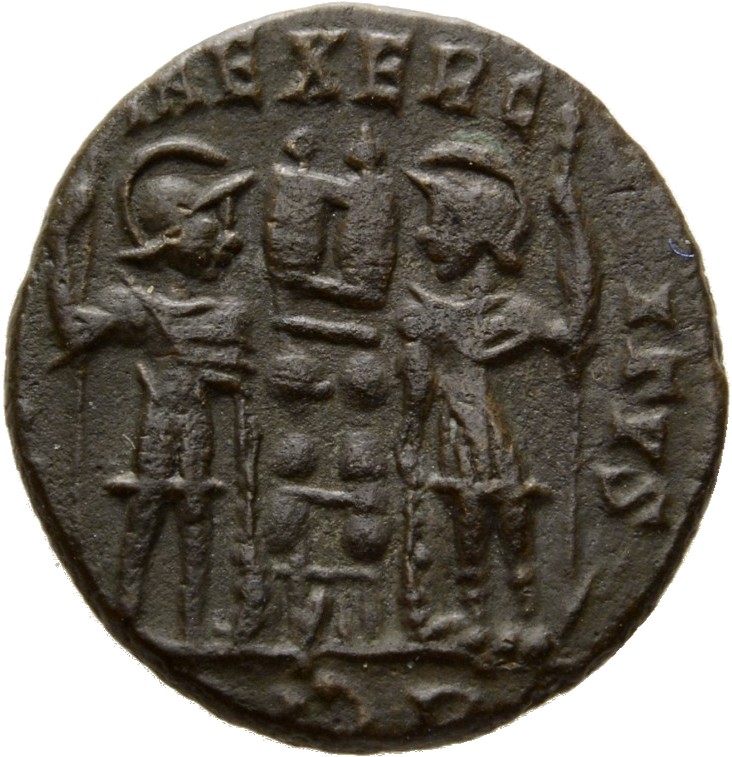 RIC VII Rome 350 Constantine I reverse, Two soldiers, helmeted, draped, cuirassed, standing facing each other, each holdin...