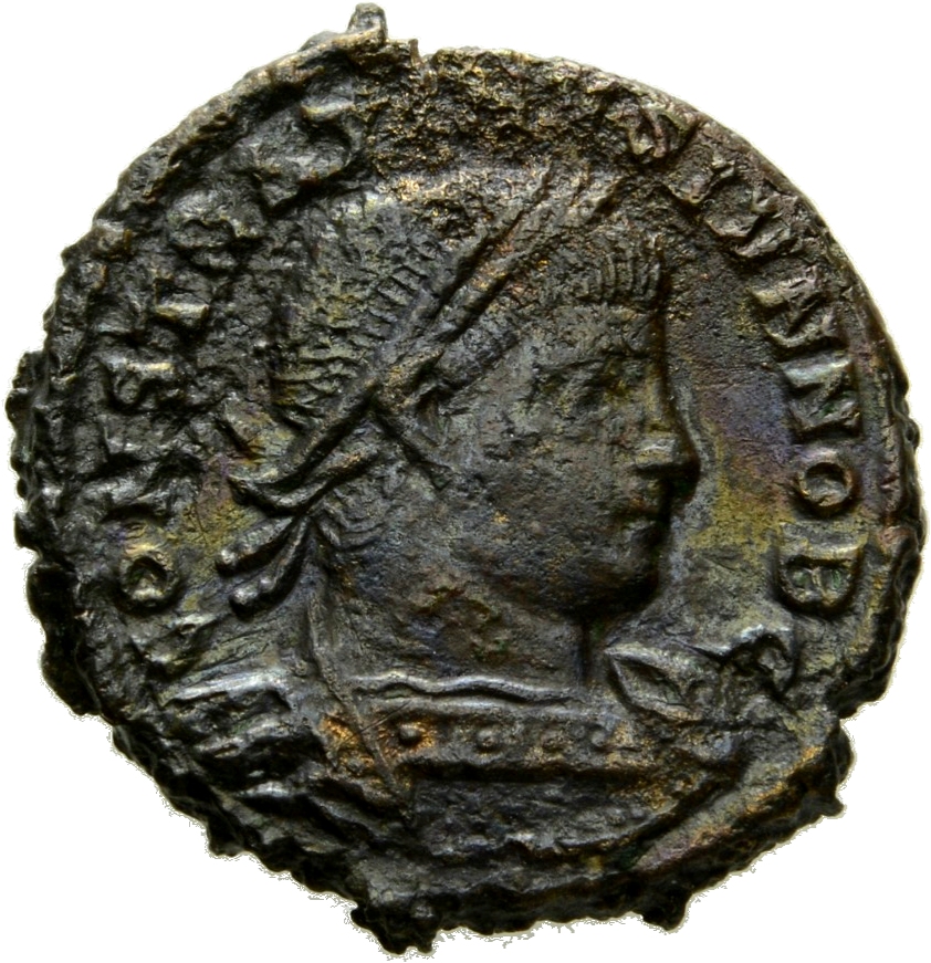 RIC VII Rome 351 Constantine I obverse, Bust of Constantine II, laureate, cuirassed, right