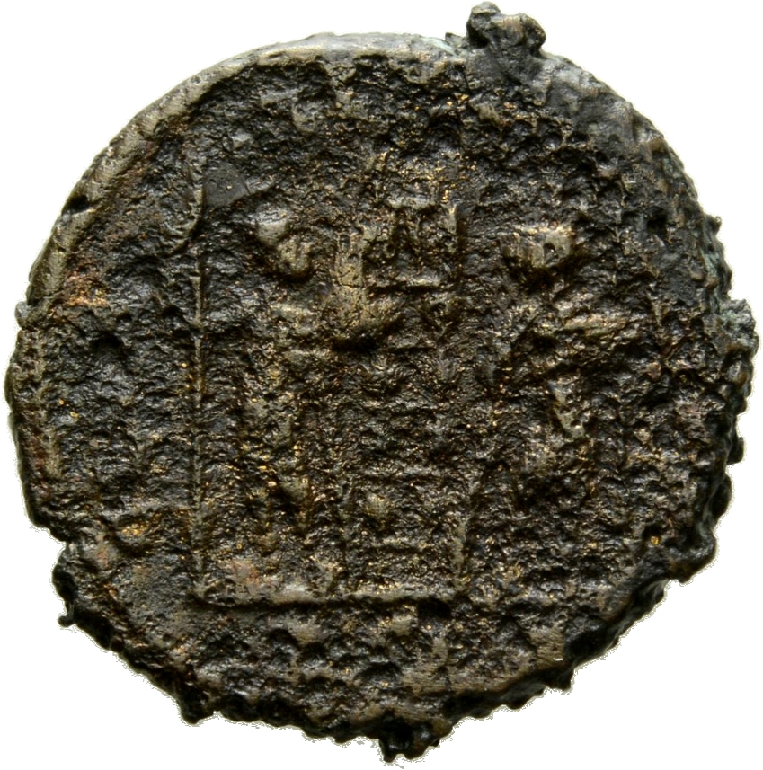 RIC VII Rome 351 Constantine I reverse, Two soldiers, helmeted, draped, cuirassed, standing facing each other, each holdin...