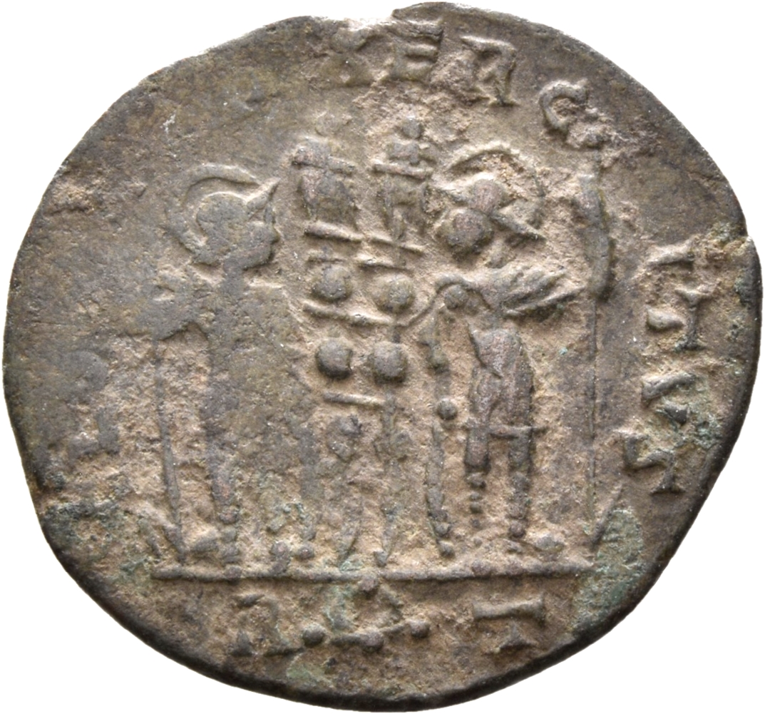 RIC VII Rome 352 Constantine I reverse, Two soldiers, helmeted, draped, cuirassed, standing facing each other, each holdin...