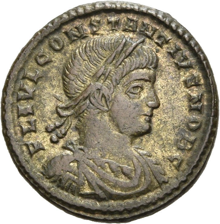 RIC VII Rome 352 Constantine I obverse, Bust of Constantius II, laureate, draped, cuirassed, right