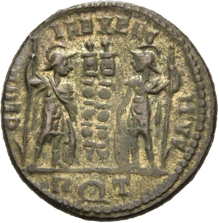 RIC VII Rome 352 Constantine I reverse, Two soldiers, helmeted, draped, cuirassed, standing facing each other, each holdin...