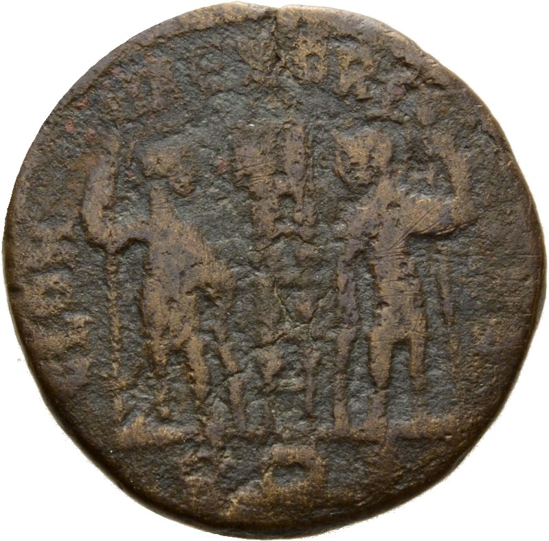 RIC VII Rome 353 Constantine I reverse, Two soldiers, helmeted, draped, cuirassed, standing facing each other, each holdin...