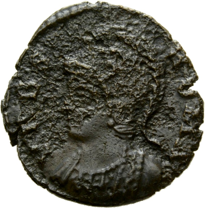 RIC VII Rome 354 Constantine I obverse, Bust of Roma, helmeted, wearing imperial cloak, left