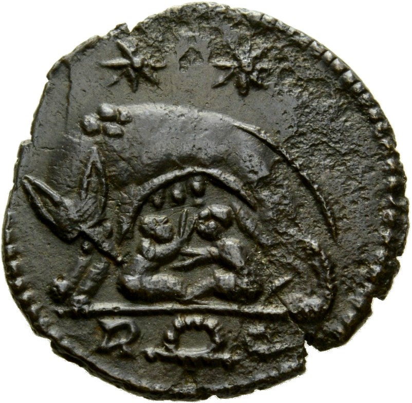 RIC VII Rome 354 Constantine I reverse, She-wolf, standing left, suckling twins; above, two stars