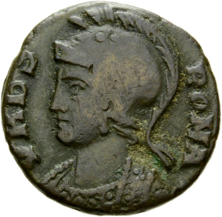RIC VII Rome 354 Constantine I obverse, Bust of Roma, helmeted, wearing imperial cloak, left