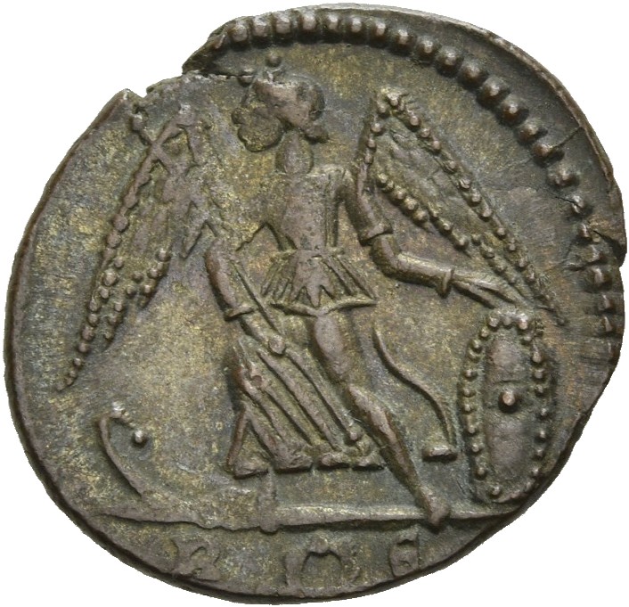 RIC VII Rome 355 Constantine I reverse, Victory, winged, draped, standing left on prow, holding spear in right hand and sh...