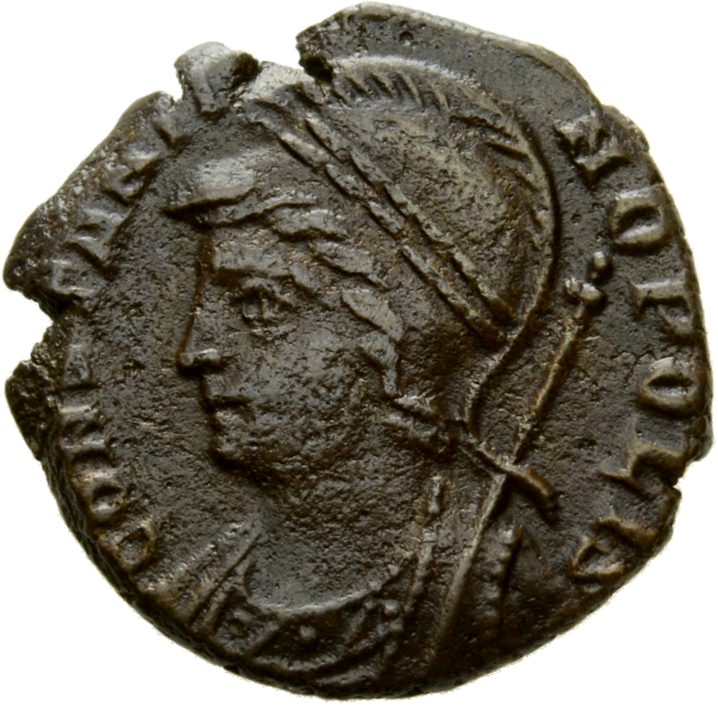 RIC VII Rome 355 Constantine I obverse, Bust of Constantinopolis, laureate, helmeted, wearing imperial cloak, left, holdin...