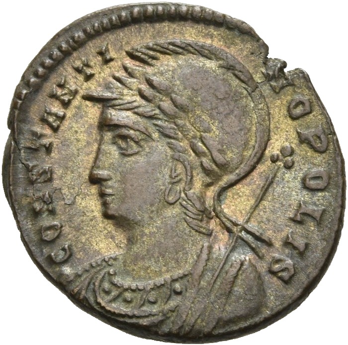 RIC VII Rome 355 Constantine I obverse, Bust of Constantinopolis, laureate, helmeted, wearing imperial cloak, left, holdin...