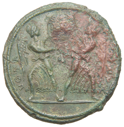 Constantine I reverse — Two Victories, winged, draped, standing left and right, together holding shield inscribed VOT XXX