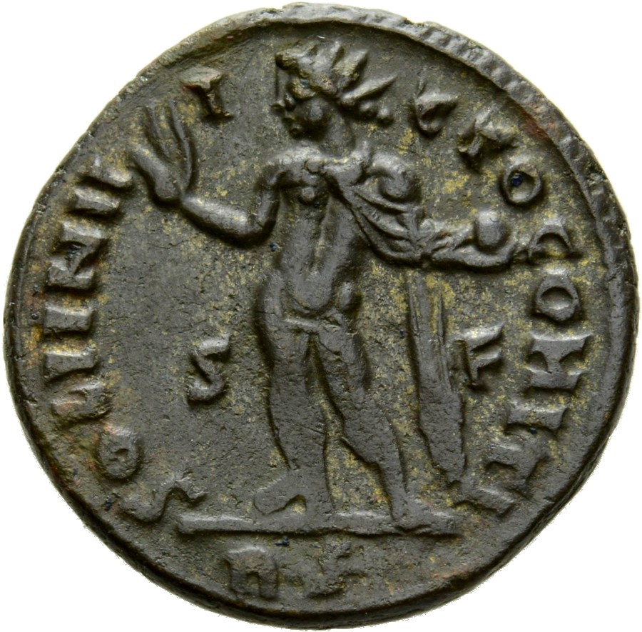 RIC VII Rome 36 Licinius reverse, Sol, radiate, chlamys draped across left shoulder, standing left, raising right hand and...