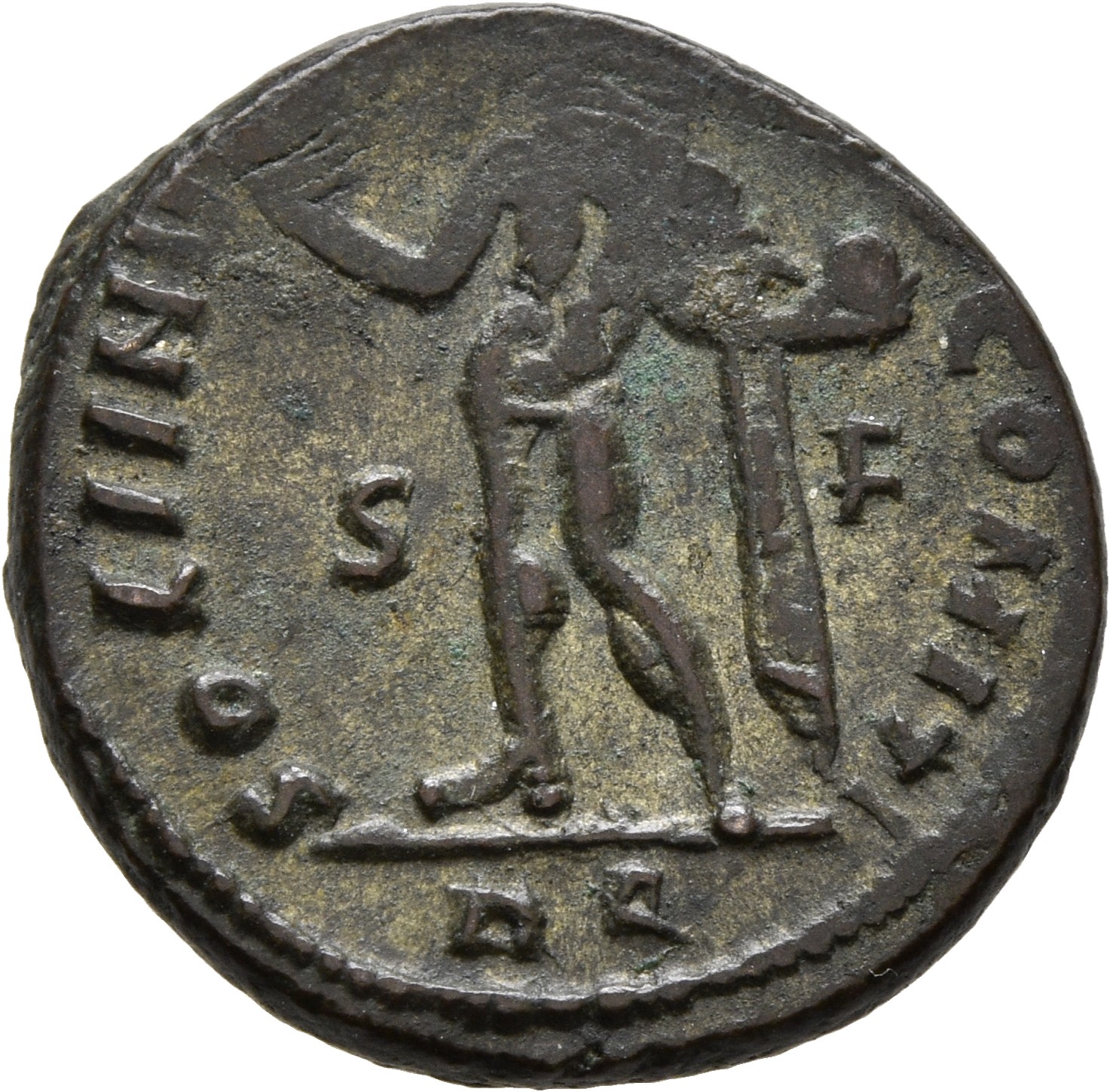 RIC VII Rome 36 Licinius reverse, Sol, radiate, chlamys draped across left shoulder, standing left, raising right hand and...