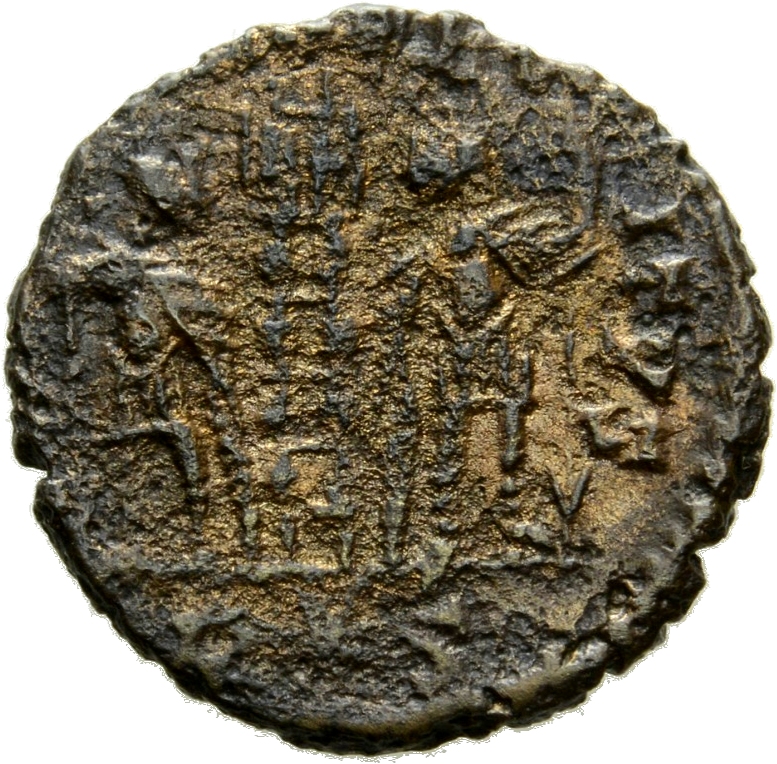 RIC VII Rome 364 Constantine I reverse, Two soldiers, helmeted, draped, cuirassed, standing facing each other, each holdin...