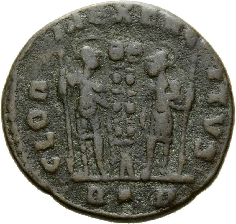 RIC VII Rome 366 Constantine I reverse, Two soldiers, helmeted, draped, cuirassed, standing facing each other, each holdin...