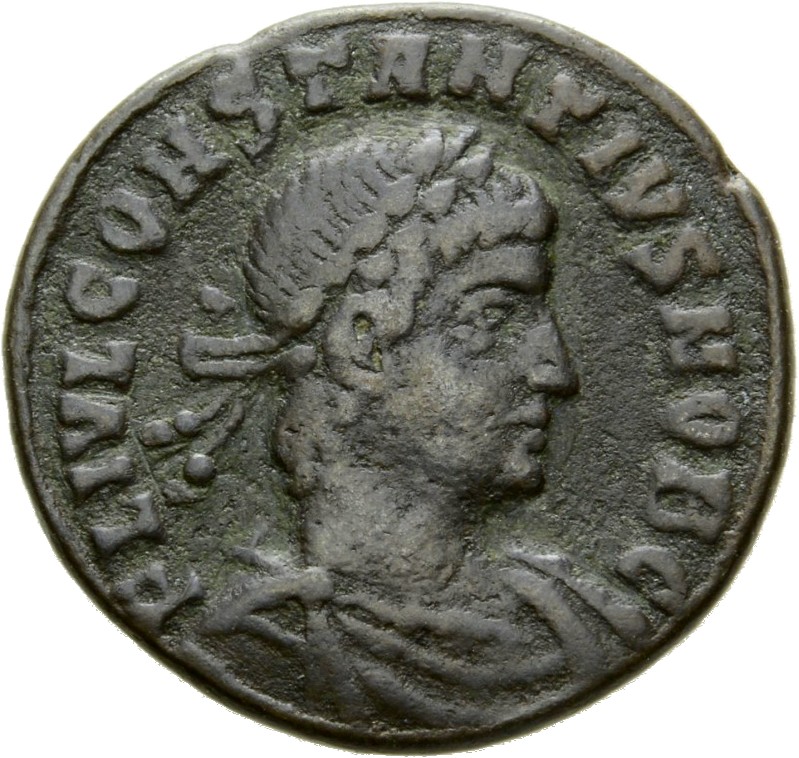 RIC VII Rome 366 Constantine I obverse, Bust of Constantius II, laureate, draped, cuirassed, right