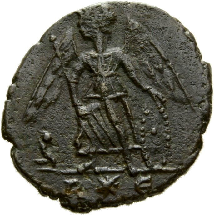 RIC VII Rome 371 Constantine I reverse, Victory, winged, draped, standing left on prow, holding spear in right hand and sh...