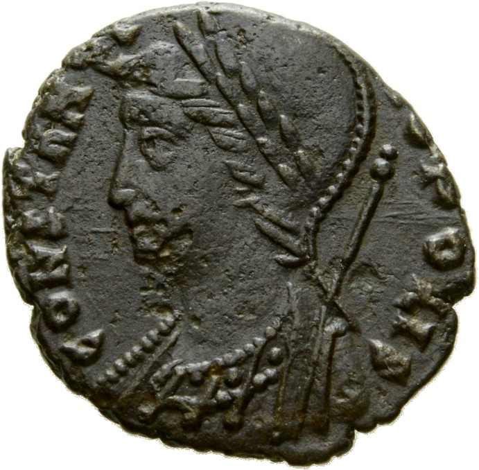 RIC VII Rome 371 Constantine I obverse, Bust of Constantinopolis, laureate, helmeted, wearing imperial cloak, left, holdin...